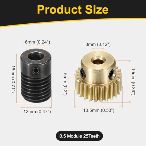 uxcell Worm Gear Set 25T 0.5 Mod 1:25 Brass Gear-3mmOD,1045 Steel Rod 6mmOD - size: Gear-3mm, Rod-6mm Bore, style: 0.5M-25T