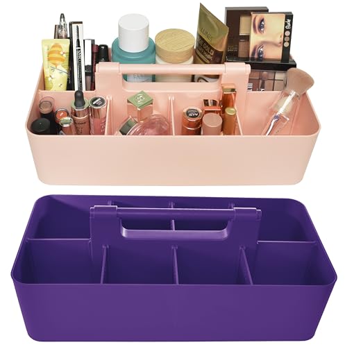 Portable Caddy Organizer -2 Stackable Plastic Caddy with Handle | Desk, Makeup, Dorm Caddy, Classroom Art Organizers (Made In Usa) (Indie Pink/Royal Purple) - color: Indie Pink / Royal Purple