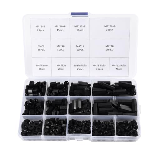 350Pcs M4 Male Female Nylon Hex Spacer Standoff Screw Nut Assorted Assortment Kit Threaded Pillar for PCB Circuit Board Motherboard Standoffs Black - size: 350Pcs M4