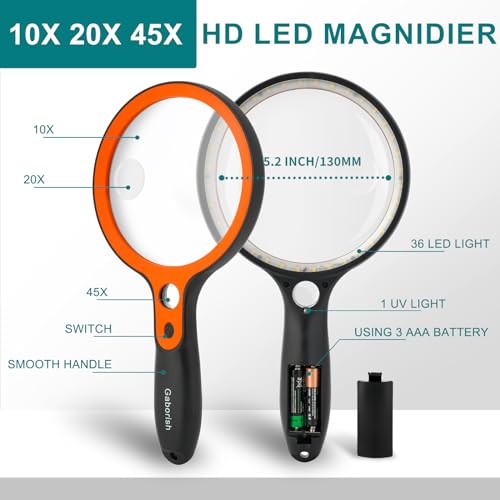 Large Magnifying Glass with 36 LED Light, 10X 20X 45X Handheld Illuminated - style: Magnifier with 36 LED and 1 UV Light