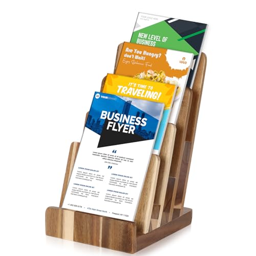 4 Tier Acacia Wood Brochure Display Stand 6 x 9 inch Brochure Holder Pamphlet Display Stand for 5.5 x 8.5 inch 5 x 7 inch Booklets Menus Postcard Holder Multi Purpose Organizer - color: Wood Color Acacia Wood