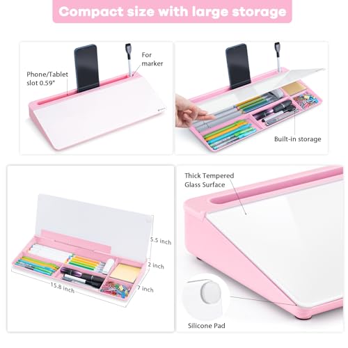 Varhomax Glass Desk Whiteboard with Storage, Desktop Organizer - color: Pink Base