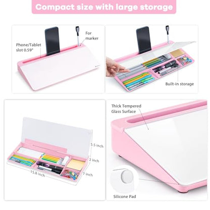 Varhomax Glass Desk Whiteboard with Storage, Desktop Organizer - color: Pink Base