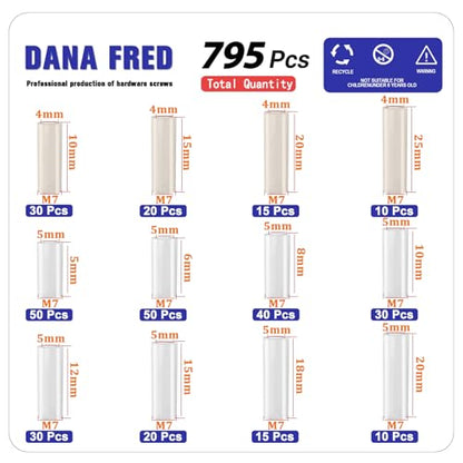 795Pcs Nylon Round Spacer Non-Threaded Plastic Standoff Hardware Assortment Kit White Nylon Spacer Washers for Protect Accessories On Circuit Boards Od 7mm Id 3/4/5mm Length 4/5/6/8/10/15/18/20/25mm