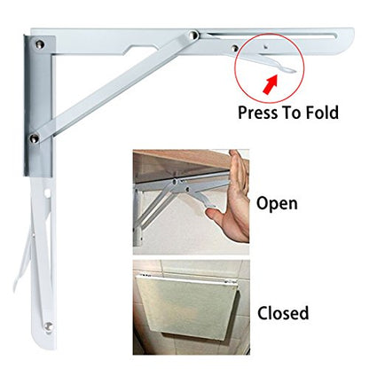 Sumnacon Sturdy Folding Shelf Brackets - Heavy Duty Metal Triangle Table Bench Folding Shelf Brackets, 2 Pcs Folding Shelf Hinge Wall Mounted (12 Inch, White) - color: White, size: 12 Inch