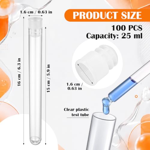 Hoteam 100 Pack Plastic Test Tubes with Caps, 25ml/6" Clear Tubes Vials - color: Clear Lid