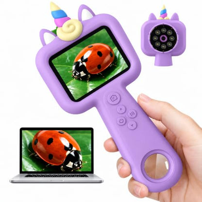 Kids Microscope, 2.4" Screen Handheld Digital Microscope 600X with 4K Camera & 8 LED Lights, Portable Pocket Microscope for Bugs Plants Nature Exploration, STEM Science Toy Gift Ages 3-12（Purple） - color: Purple
