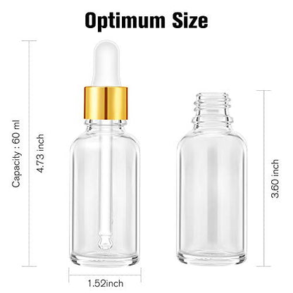 PrettyCare Glass Eye Dropper Bottles 2oz (60ml), 12 Pcs Clear Empty Thick Bottles Bulk with Leakproof Golden Caps - With Labels & Funnels for for Storage, Travel,Essential Oils, DIY Serums, Tincture - color: 2oz Clear, style: 12 Pack