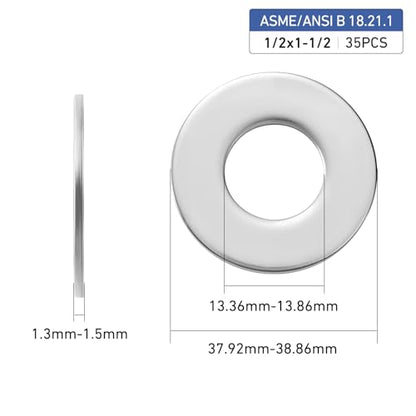 35PCS 1/2" x 1-1/2" Fender Washers, 304 Stainless Steel 18-8, Thickened 1/2 Fender Washer,1/2" ID x 1-1/2" OD - color: Silver, size: 1/2x1-1/2"