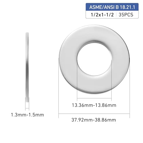 35PCS 1/2" x 1-1/2" Fender Washers, 304 Stainless Steel 18-8, Thickened 1/2 Fender Washer,1/2" ID x 1-1/2" OD - color: Silver, size: 1/2x1-1/2"