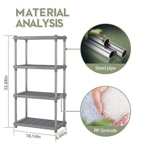 4 Tier Gray Plastic and Metal Standing Shelf Units, Durable Storage Shelves Rack Open Shelving for Pantry Kitchen Bathroom,13MM Steel Tubes - color: Grey