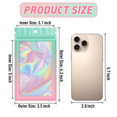100 Pack Mylar Holographic Bags,Clear Window Foil Bag Seal Pouch Resealable Baggie with Zipper,Packaging Bag for Food Storage,Lash,Jewelry,Business Supplies-Green Pink 3.5x6.3in - color: Green Pink, size: 3.5x6.3 Inch