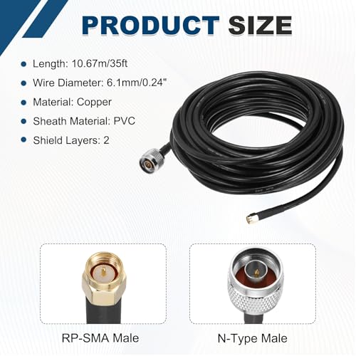 MECCANIXITY KMR240 Coax Extension Cable 50ohm 35Ft SMA Male to N-Type Male - size: 35ft