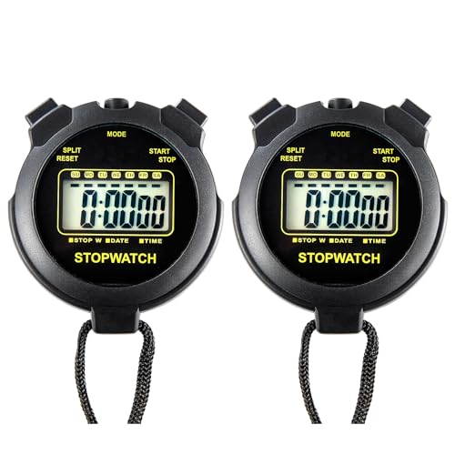 Digital Stopwatch Timer Large Display with Clock and Date, No Alarm Function, Simple Stopwatches for Sports Coaches Running Swimming Kids Training-2 Pack Black