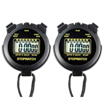 Digital Stopwatch Timer Large Display with Clock and Date, No Alarm Function, Simple Stopwatches for Sports Coaches Running Swimming Kids Training-2 Pack Black