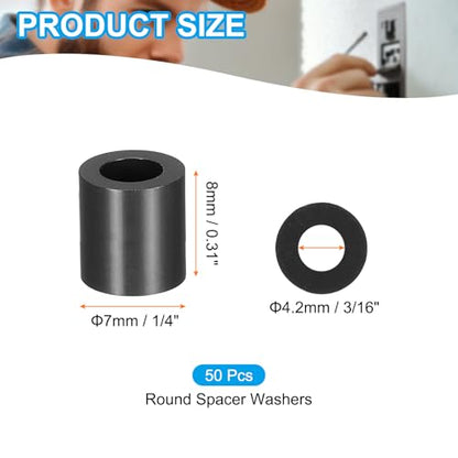 PATIKIL 50Pcs ABS Spacers 4mm ID, 7mm OD, 8mm Height Plastic Round Stud Spacer Black Nylon Washers Nut Unthreaded Rubber for M4 Screws Bolts Barrel - size: 4mm ID, 7mm OD, 8mm Height