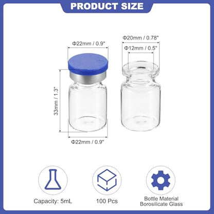 PATIKIL 5ml Sample Vials, 100 Pack Lab Empty Vials with Butyl Rubber Stopper Crimp Top Caps and Labels Borosilicate Glass Vial, Clear - color: Clear, size: 5ml