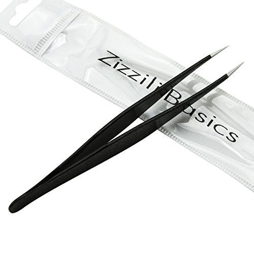 Ingrown Hair Tweezers by Zizzili Basics - Surgical Grade Stainless Steel Fine Pointed Tweezers - Precision Aligned Tips for Splinter, Eyebrow & Facial Hair Removal - with Bonus Tip Guard & Carry Pouch - color: Black