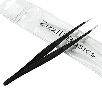 Ingrown Hair Tweezers by Zizzili Basics - Surgical Grade Stainless Steel Fine Pointed Tweezers - Precision Aligned Tips for Splinter, Eyebrow & Facial Hair Removal - with Bonus Tip Guard & Carry Pouch - color: Black