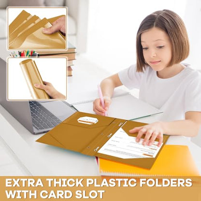 Henoyso 48 Pcs Plastic Folder with Clear Front Pocket and 3 Prongs Heavy Duty Plastic Folders with Card Slot Pocket Folders with Prongs for School Office Home(Brown) - color: Brown