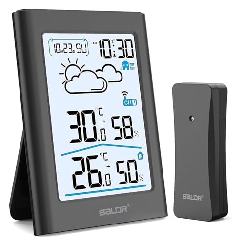 BALDR Indoor Outdoor Thermometer Wireless, Battery Powered Weather Station Indoor Outdoor with Clock, Portable Outside Temperature Monitor for Home Patio - color: Black