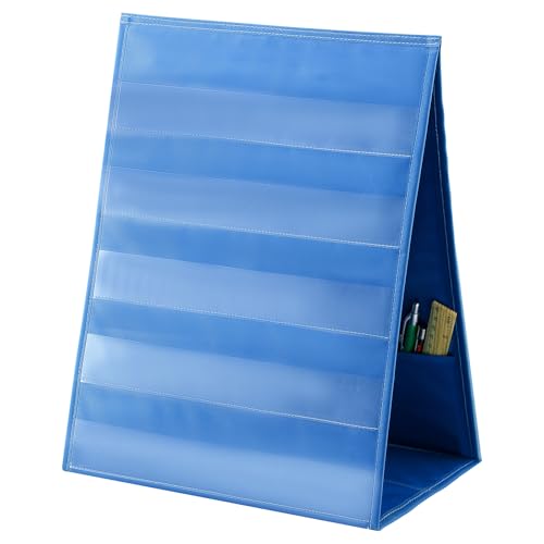 Tabletop Pocket Chart 13 x 17 Inch 600d Oxford Fabric Double Sided Pocket Chart Stand with 5 Straps Foldable Organizer Sticker Display Stand for Classroom, Home, Office (Gray Blue) - color: Gray Blue