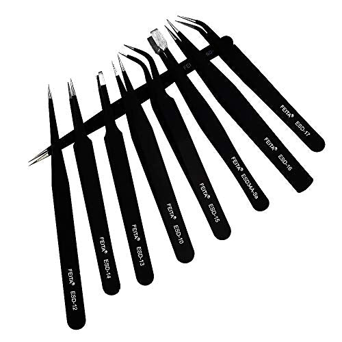 Precision Tweezer Set - FEITA Professional ESD Stainless Steel Anti static Tweezers Kit for Electronic, craft, Jewelry, Watchmakers, Hobby (Black 9 Pcs)