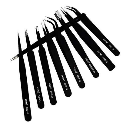 Precision Tweezer Set - FEITA Professional ESD Stainless Steel Anti static Tweezers Kit for Electronic, craft, Jewelry, Watchmakers, Hobby (Black 9 Pcs)