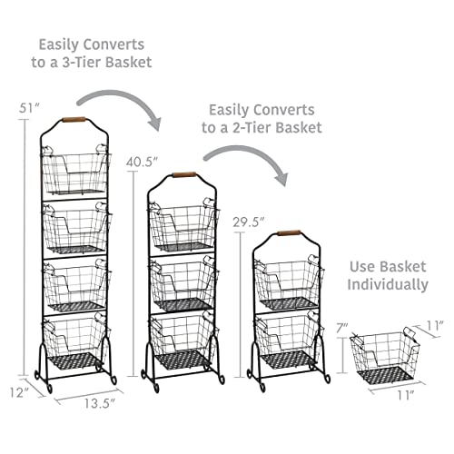 Mikasa Gourmet Basics Ferme 4-Tier Market Basket - Antique Black Wire and Acacia Wood Handle, Kitchen Fruit Vegetable Storage Organizer, 13.5 x 11.5 x 51 Inches - style: Ferme