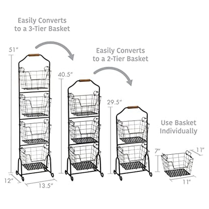 Mikasa Gourmet Basics Ferme 4-Tier Market Basket - Antique Black Wire and Acacia Wood Handle, Kitchen Fruit Vegetable Storage Organizer, 13.5 x 11.5 x 51 Inches - style: Ferme