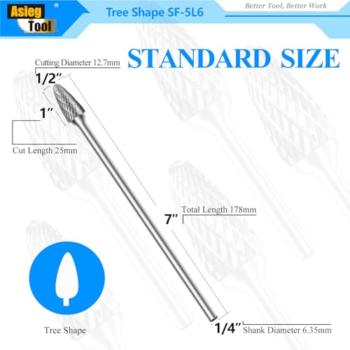 SF-5L6 Tungsten Carbide Burr Rotary File Tree Shape Radius End Shape Double Cut for Die Grinder Drill Bits 1/4'' Inch Diameter of Shank and 1/2'' Inch Diameter of Cutter 1'' Inch Cutter Length - style: SF-5L6