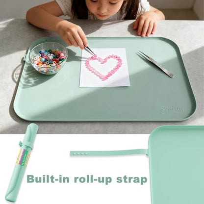 Silicone Craft Mat 24" x 16" with Raised Edge, Roll-Up Design with Storage Strap, Multi-Purpose Desk & Table Protector Silicone Art Mat for Crafts, Painting & DIY, Light Green - color: Light Green