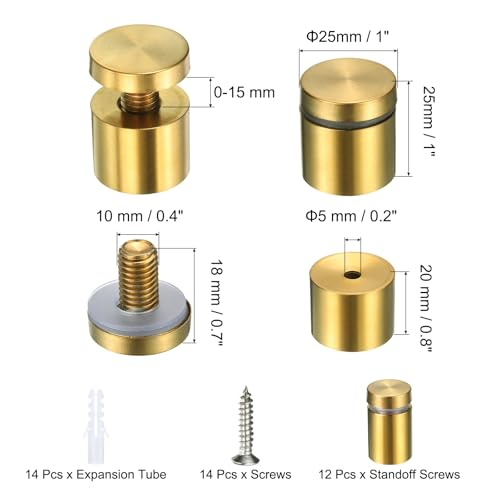 uxcell 12 Pcs 1" x 1" Standoff Screws Stainless Steel Wall Mount Sign Mounting Hardware Kit with 14pcs Screws for Hanging Acrylic Glass Signs Advertising Boards, Brushed Gold - color: Brushed Gold, size: 1" x 1"