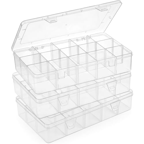 Bead Organizer Storage 3 Pack 15 Grid Clear Plastic Tackle Box Adjustable - size: 3pcs