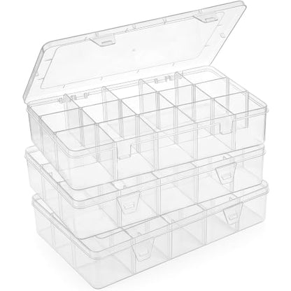 Bead Organizer Storage 3 Pack 15 Grid Clear Plastic Tackle Box Adjustable - size: 3pcs