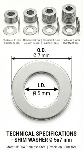 5x7mm Shim Washers RC Stainless Steel 40pc 0.1-0.5mm 5mm ID M5 - size: 5x7