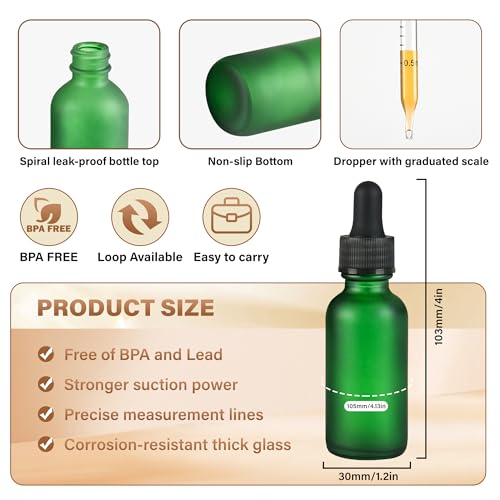 NOOEEISS 12 Pcs, 1oz Dropper Bottle, Green Glass Eye Dropper Bottle, Tincture Bottles with Dropper, Pretty Finish, Leak-Proof Design, Stronger Suction for All Kinds of Mixed Liquids - color: Green Frosted, size: 1oz-12Pack