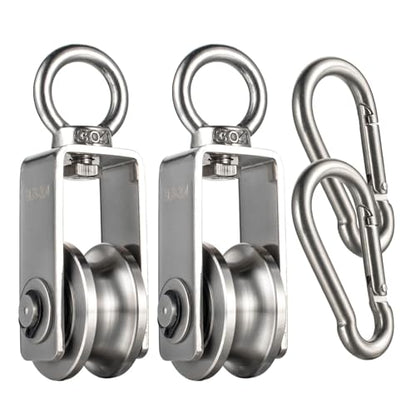 Pulley Wheel with Carabiner, Bearing Inside, Stainless Steel, Rope Cable Pulley for Pulley System, 2 Pack - size: Swivel Pulley with Carabiner