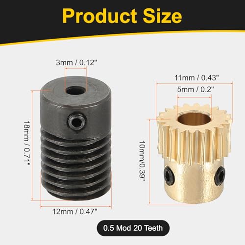 uxcell Worm Gear Set 20T 0.5 Module 20:1 Reduction Rate, Right Rotation Drive Gear Box Wheel Reduce Transmission Part (Brass Gear-5mm Bore, #45 Steel Rod 3mm Bore) - size: Gear-5mm, Rod-3mm Bore, style: 0.5M-20T