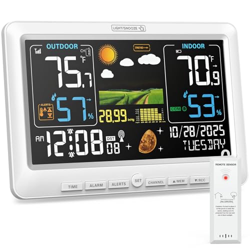 BluSon Weather Station Wireless Indoor Outdoor Thermometer, Atomic Clock - color: White
