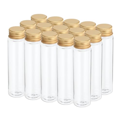 PATIKIL 80ml Plastic Test Tubes with Screw Caps, 15Pcs 128x33mm Flat Bottom Tubes for Scientific Party Decoration Candy Bead Storage Bath Salt, Gold Tone - color: Gold Tone, size: 80ml