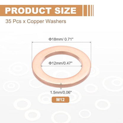 PATIKIL 35PCS M12 Copper Washers, M12x18x1.5mm Copper Crush Washer Metric Flat Washers Sealing Washers Assortment Kit Oil Drain Plug Gasket Ring for Automotive Battery Vehicles Screws Bolt - size: M12x18x1.5mm