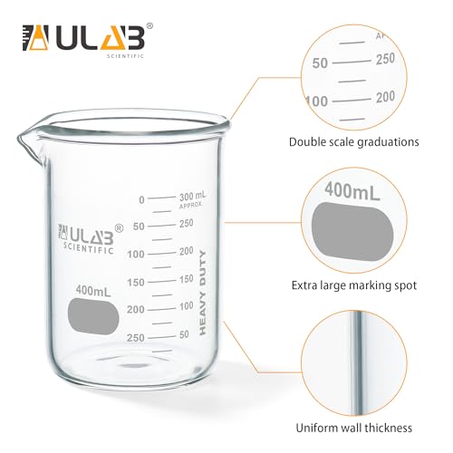 ULAB Scientific Glass Beakers, Vol. 400ml, 3.3 Borosilicate Griffin Low Form with Printed Graduation, Pack of 3, UBG1035 - style: Vol.400ml, Pack of 3