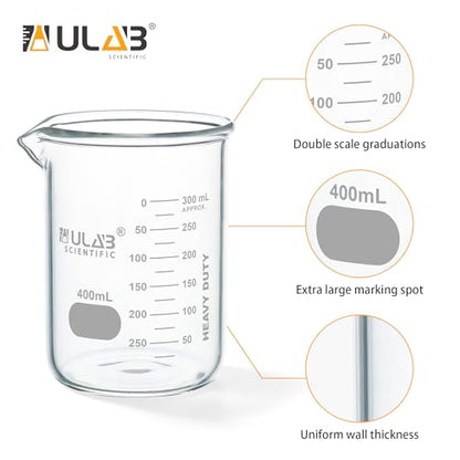 ULAB Scientific Glass Beakers, Vol. 400ml, 3.3 Borosilicate Griffin Low Form with Printed Graduation, Pack of 3, UBG1035 - style: Vol.400ml, Pack of 3