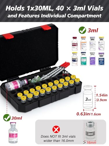 Peptide Case for Fridge, 40 Slots 3ml Vials Holder, with 30ml Individual Compartment, Insulin Vial Travel Organizer, Diabetes Medication Storage Case for Daily Use (Black) - color: 3ml-40 Slot-black