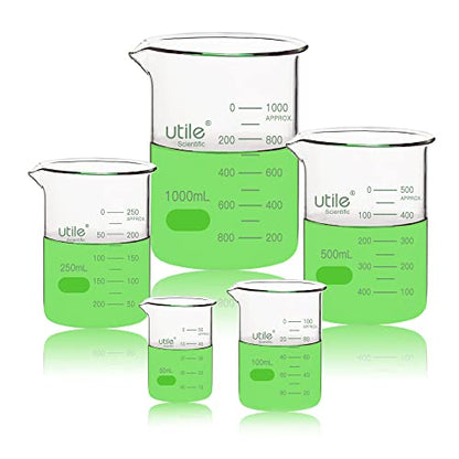 Utile Glass Beaker Set, Low Form Beakers, 5 Sizes of Vol.50ml 100ml 250ml 500ml 1000ml, 3.3 Borosilicate Glass with Double Scale Printed Graduation, 4099.0017.1 - style: 50ml 100ml 250ml 500ml 1000ml