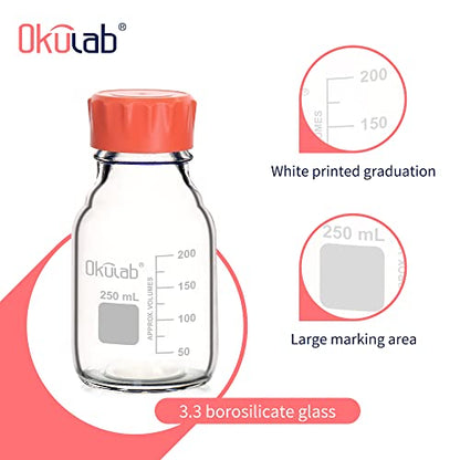 6pcs of 250ml(8.5oz) Round Media Storage Bottles, 3.3 Borosilicate Glass, with GL45 Screw Caps in PP Materia, GL45RB250B6 - style: 6pcs of 250ml