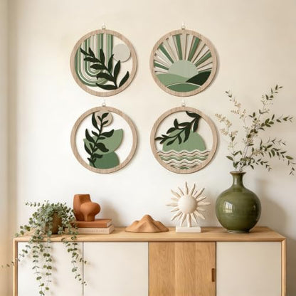 Abstract Mid Century Boho Green Botanical Wall Decor‑4 Pieces 10''x10'' - color: Farmhouse geometric