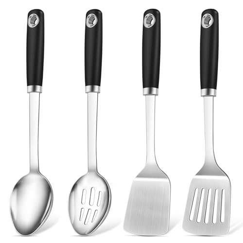 4 Pcs Cooking Utensils Set, Stainless Steel Kitchen Utensils, Heat Resistant Metal Kitchen Tools Include Solid & Slotted Turner Wok Spatula, Serving Spoon, Ergonomic Handle, Easy to Clean, Silver - color: C. 4 Pieces