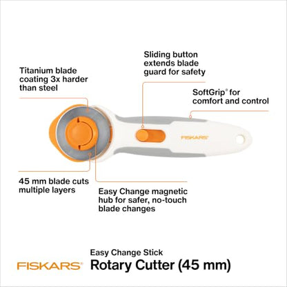 Fiskars 45mm Stick Titanium Easy-Change SoftGrip Rotary Cutter for Fabric - color: Stick, size: 45mm
